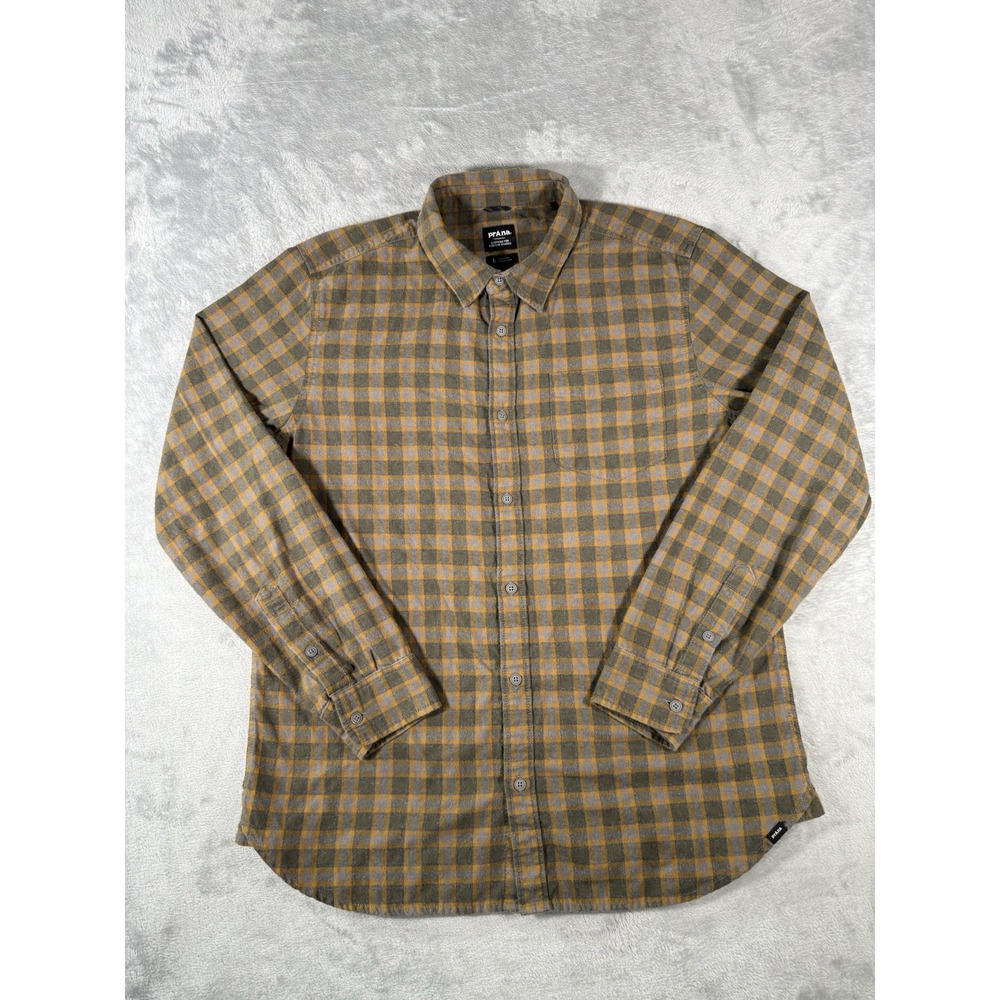 Prana Shirt Mens‎ Large Green Yellow Plaid Flannel Long Sleeve Button Up